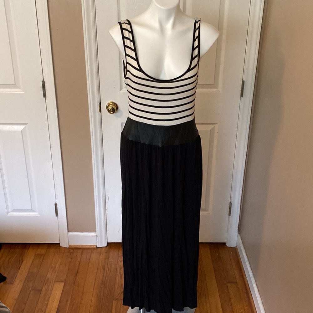 Black & white strip maxi with leather panel accent
